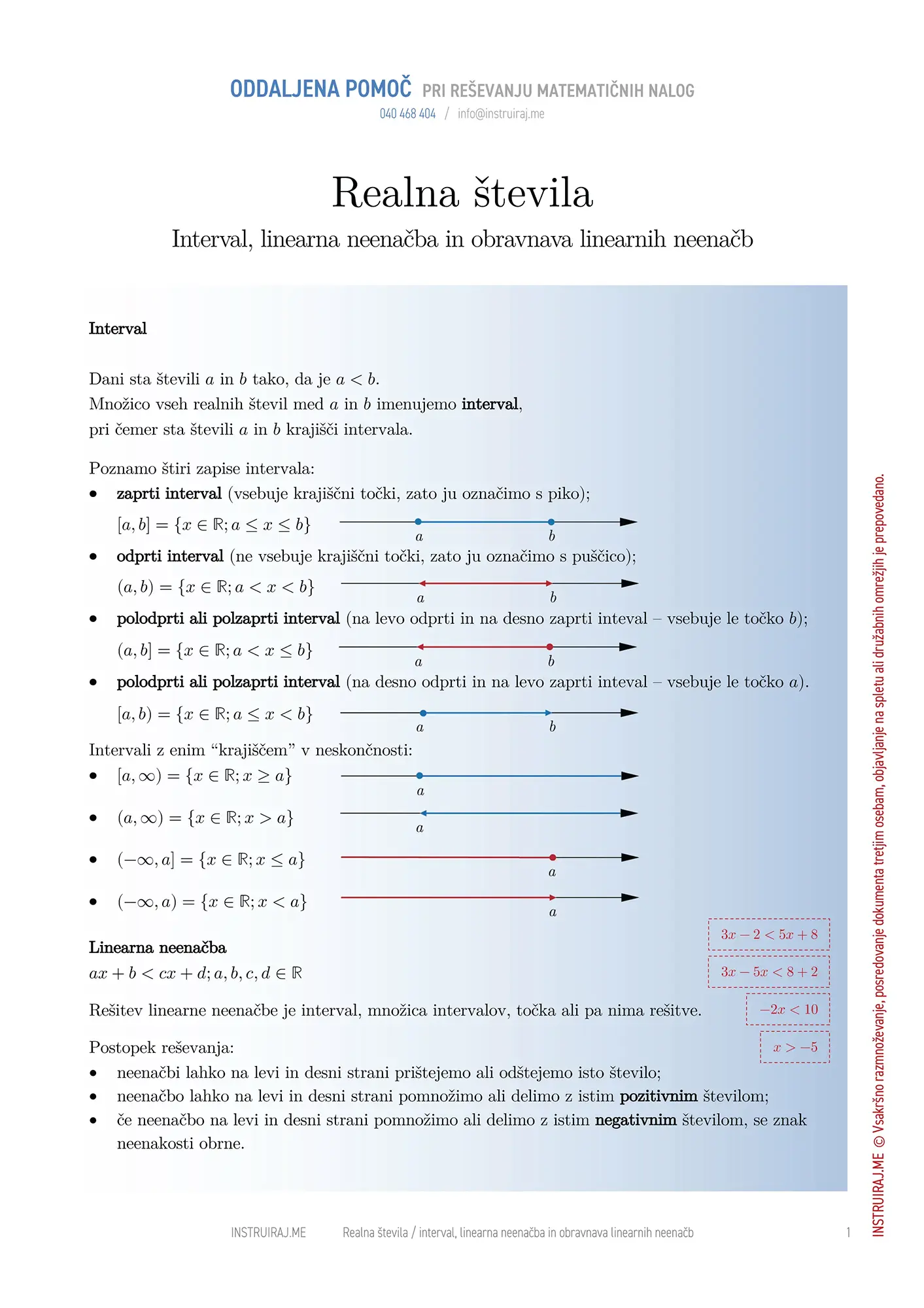 Interval in linearne neenačbe ter obravnava neenačb
